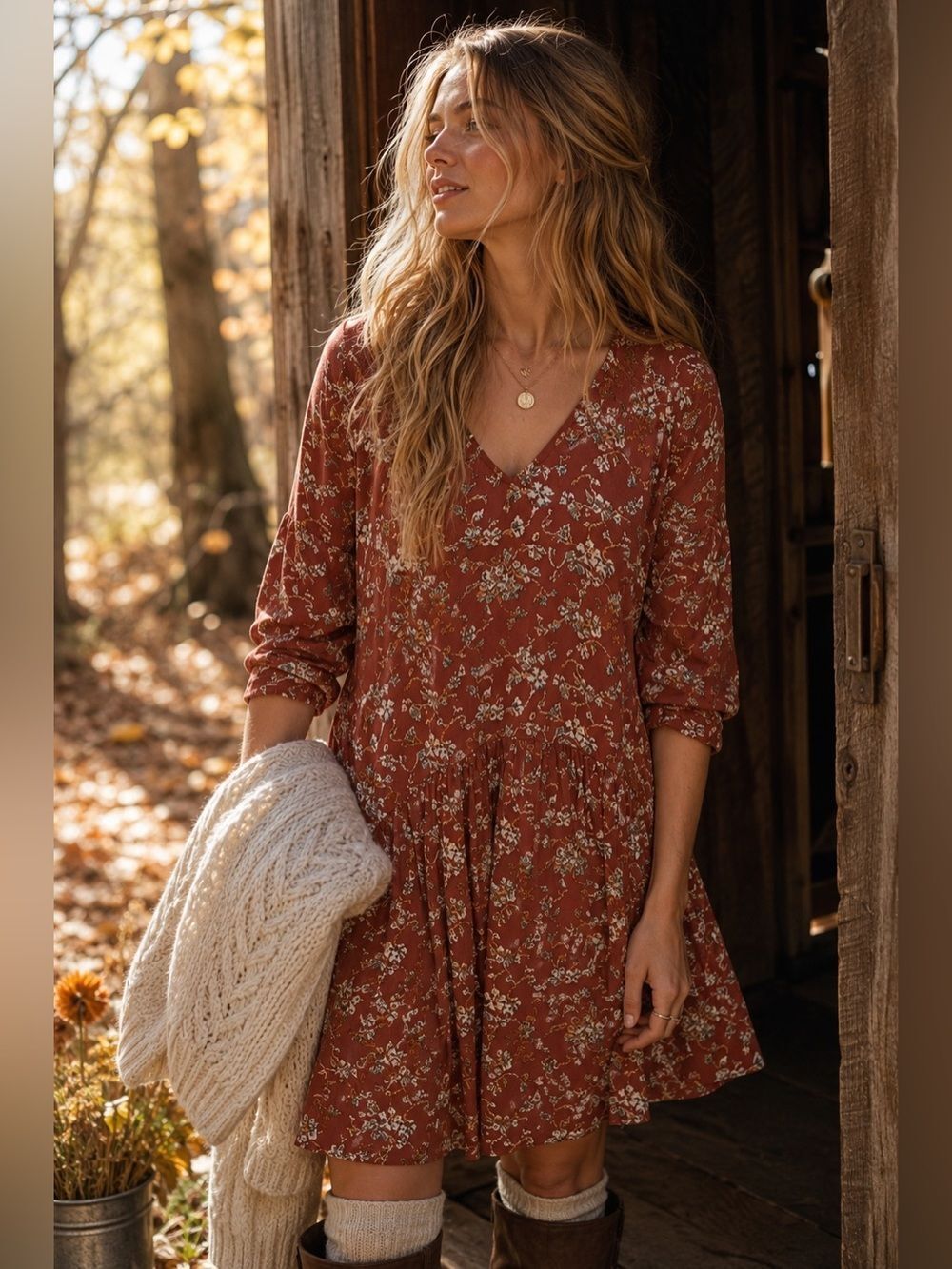 Garnet Hill Floral Babydoll Dress Plus Size 18 Rust V-Neck Boho Cottagecore